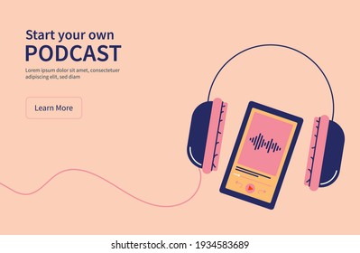 Lay out of headphones with a phone playing a podcast