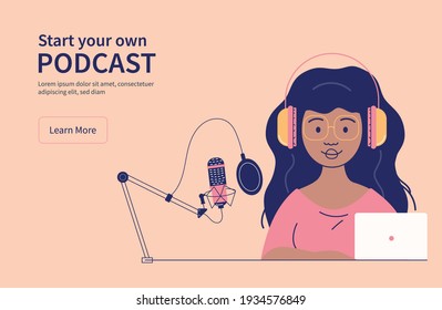 Lay out of Latina podcaster with microphone and speech bubbles 