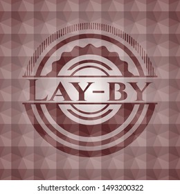 Lay-by red emblem or badge with abstract geometric polygonal pattern background. Seamless.