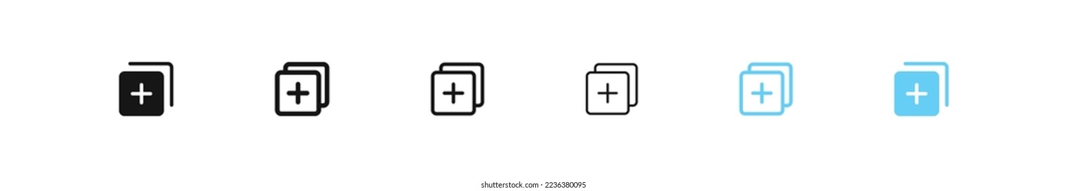 Fügen Sie das Symbol Ebene hinzu. Stapel plus Schild. Symbol auf Panel-Ebene. Symbole für Materialblätter. Vektor-Einzelzeichen.