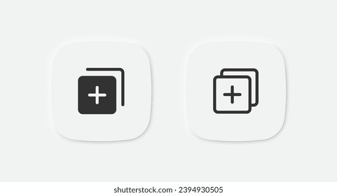 Layer add icon. Stack plus sign. Panel level symbol. Material sheets icons. Vector isolated sign.