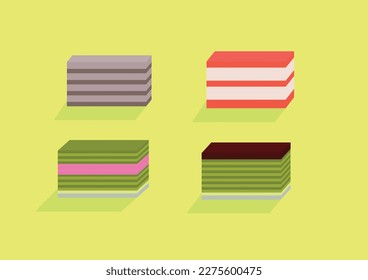 "Layer cake" (Kue lapis) typical Indonesian food with unique colors and variations. Made from rice flour, starch, coconut milk, food coloring, and sugar. traditional snacks. Flat style vector