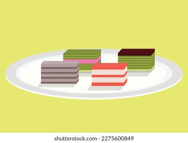 "Layer cake" (Kue lapis) typical Indonesian food with unique colors and variations. served on a plate. traditional snacks. Flat style vector