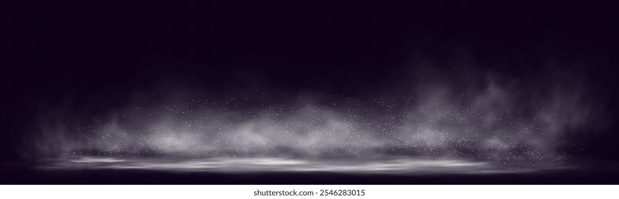 Una capa de humo gris denso con partículas brillantes que flotan cerca del suelo sobre un fondo transparente, creando un efecto místico y atmosférico.