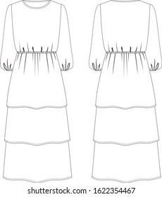 Layer dress with long sleeve, front and back view, vector fashion illustration