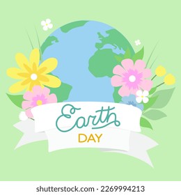 A layer of Earth with flowers around. Earth day phrase on ribbon. Illustration for World Earth Day. Save the earth.