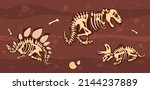 Layer of earth with fossil bones. Archaeological excavations of dinosaur fossils. Studies of ancient animals. Vector illustration on a white background.