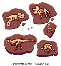 Layer of earth with fossil bones. Archaeological excavations of dinosaur fossils. Studies of ancient animals. Vector illustration on a white background.