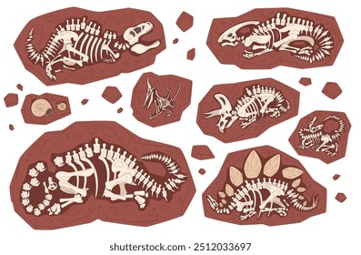 Layer of earth with fossil bones. Archaeological excavations of dinosaur fossils. Studies of ancient animals. Vector illustration on a white background.