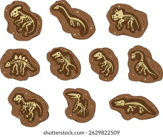 Layer of earth with fossil bones. Archaeological excavations of dinosaur fossils. Studies of ancient animals of illustration