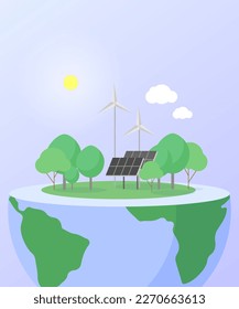 A layer of earth with solar panels, windmills and a forest. World Earth Day poster.