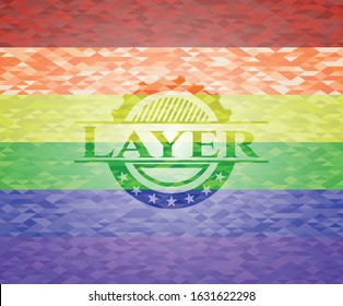 Layer emblem on mosaic background with the colors of the LGBT flag