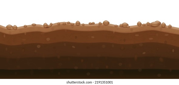 Layer fertile soil brown with minerals. Sections of chernozem and clay layers with stones farm field for planting. Geology agriculture concept. Vector illustration.