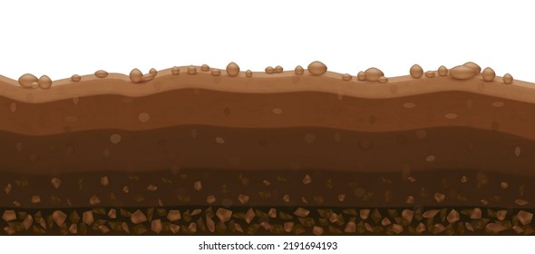 Layer fertile soil brown and stones. Mineral particles, sand, humus, clay and natural fertilizer. Geology agriculture education concept. Vector EPS10 illustration.