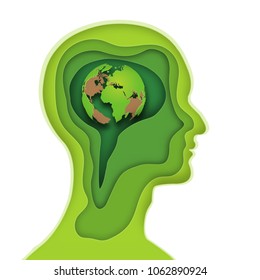 Layer of human head and Green world brain isolated on white background as business, science, ecology idea , paper carve art and craft style concept. vector illustration.