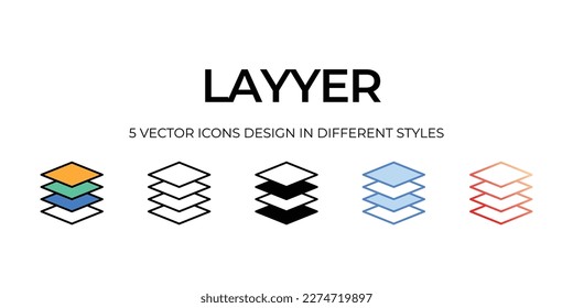 layer Icon Design in Five style with Editable Stroke. Line, Solid, Flat Line, Duo Tone Color, and Color Gradient Line. Suitable for Web Page, Mobile App, UI, UX and GUI design.