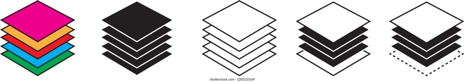 Layer icon. Layers line icons set. Tree levels tier stack isolated on white background. Vector stock
