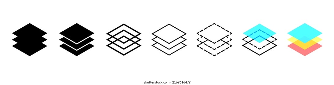 Icono de capa. Logo de la pila. Iconos de capa para papel, alfombra, suelo y nivel. 3 capas. Símbolos pictogramas para la arquitectura. Tecnología de diseño. Profundidad de los niveles. Vector.