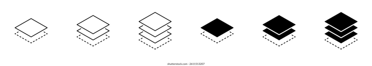Layer icon set. Layer level sign. Layout sign. Symbols of material stack. Vector illustration.