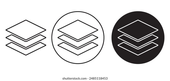 Ebenensymbol, Drei-Ebenen-Liniensymbol, Bodenebene und Papierstapel-Vektorgrafik-Symbol in Schwarz. Ebenendiagrammsymbol-Vektorillustration,