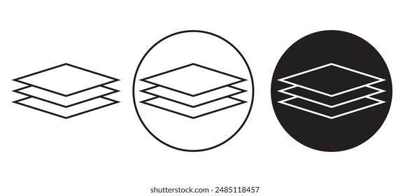 Ebenensymbol, Drei-Ebenen-Liniensymbol, Bodenebene und Papierstapel-Vektorgrafik-Symbol in Schwarz. Ebenendiagrammsymbol-Vektorillustration,