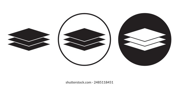 Ebenensymbol, Drei-Ebenen-Symbolsatz, Bodenebene und Papierstapel-Vektorgrafik-Symbol in Schwarz. Ebenendiagrammsymbol-Vektorillustration,