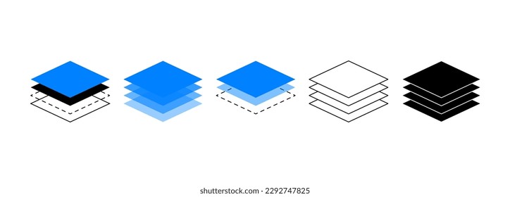 Layer line icon set. Layers in different design and various positions. Layout template sign. Fabric floor layers. Symbols of material stack. Vector illustration.