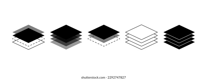 Layer line icon set. Layers in different design and various positions. Layout template sign. Fabric floor layers. Symbols of material stack. Vector illustration.