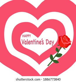 Layer of pink heart with text happy Valentine’s Day and red rose. Design for greeting card, poster, banner.
