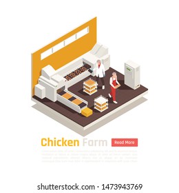 Layer poultry farming production isometric element with chicken eggs on automated  conveyor belt packaging system vector illustration 