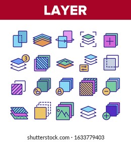 Layer Protect Material Collection Icons Set Vector Thin Line. Coating And Cover, Thickness And Stratum Layer, Picture And Padlock Concept Linear Pictograms. Color Contour Illustrations
