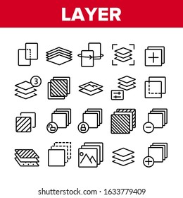 Layer Protect Material Collection Icons Set Vector Thin Line. Coating And Cover, Thickness And Stratum Layer, Picture And Padlock Concept Linear Pictograms. Monochrome Contour Illustrations