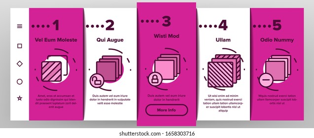 Layer Protect Material Onboarding Icons Set Vector. Coating And Cover, Thickness And Stratum Layer, Picture And Padlock Illustrations