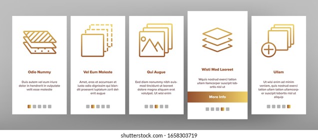 Layer Protect Material Onboarding Icons Set Vector. Coating And Cover, Thickness And Stratum Layer, Picture And Padlock Illustrations