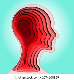 Layer of red and pink human head brain isolated in blue background as business, science,intelligence idea, love, paper carve art and craft style concept. vector illustration.