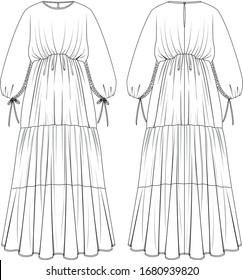 Layer relaxed loose fit long sleeve dress with a voluminous skirt, front and back view, vector fashion illustration