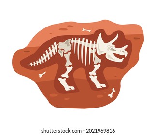 Layer soil with bones dinosaur skeleton. Excavation prehistoric ancient fossil animal. Flat cartoon vector illustration isolated on white.