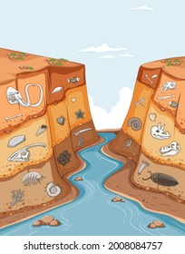 Layer of soils showing animal fossils  illustration