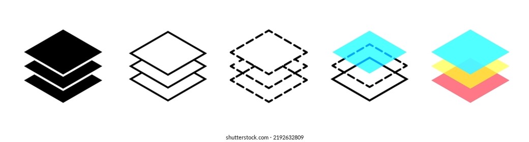 Ebenenstapel-Symbol. Logo auf 3 Ebenen. Symbole für Papier, Teppich und Fußboden. Piktogramm für Architektur. Design-Technologie. Tiefe der Ebenen. Vektorgrafik.