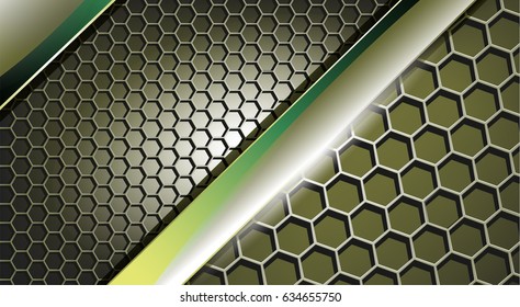 Layered 3D background with glossy chrome plates and honeycomb grid. Can be used for interface websites, honey products, cosmetics...