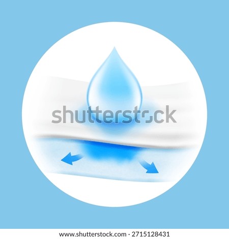 Layered absorbent core with realistic drop and arrows that shows prevents leaking. Vector illustration on colour background. Perfect for hygiene product and absorbent materials. EPS10.