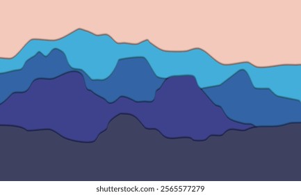 A layered abstract illustration of blue and purple mountains against a peach sky, showcasing a minimalist and tranquil landscape design.