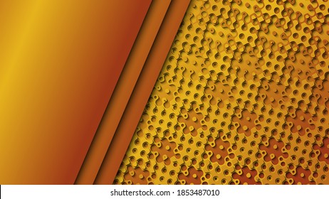 Layered background with diagonal stripes and grid shapes in golden colors in papercut style. Vector illustraion.