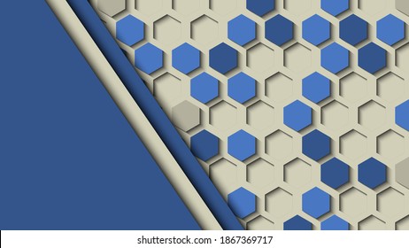 Layered background with hexagons in blue and gray colors. Geometric shapes with shadow in paper cut style. Vector illustration.