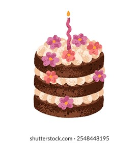 Layered birthday cake with candle and floral decoration. Chocolate sponge dessert with flowers, whipped cream, festive trendy design for party. Flat vector illustration isolated on white background