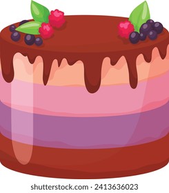 Layered birthday cake with chocolate icing, raspberries, blueberries, and mint. Delicious dessert for celebration and party. Sweet food and bakery ideas vector illustration.
