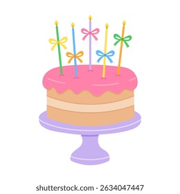 Layered birthday cake with pink icing, colorful candles, and cute bows on a purple stand. Flat hand drawn vector illustration