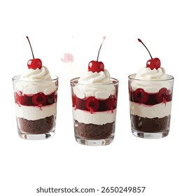 Layered Black Forest trifles in clear dessert glasses, showing distinct layers of chocolate cake