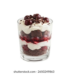 Floresta Negra em Camadas trifles em óculos de sobremesa claros, mostrando camadas distintas de bolo de chocolate