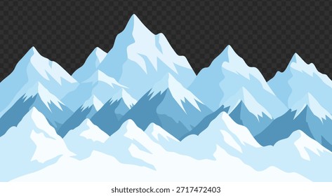 Ilustração em camadas da gama de montanhas azuis com picos alpinos nevados e paisagem plana suave sobre fundo transparente
